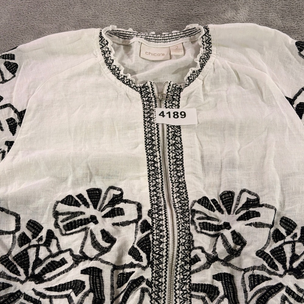 Chico's Linen Jacket Women Size 2 White Black Floral Embroidered Full Zip 802231